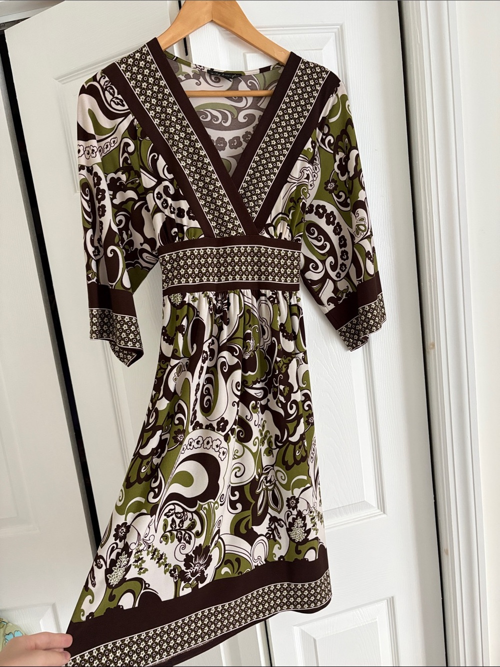 Olive & Brown Paisley V-Neck Women’s Dress